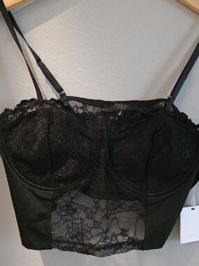 Black Lace Bustier Crop Button-Down Shirt